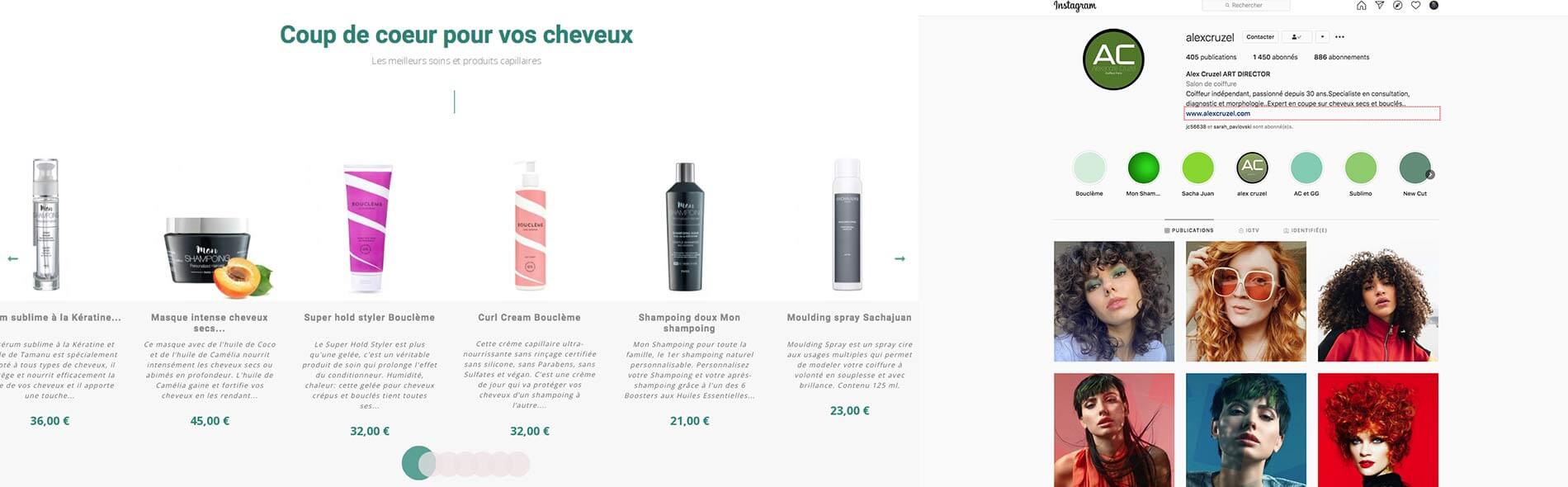 Image du site E-commerce et de l'Instagram Alex Cruzel