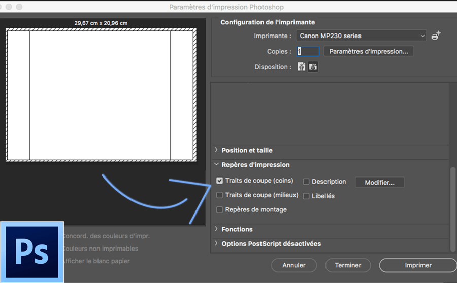 gestion des traits de coupe avec Adobe Photoshop